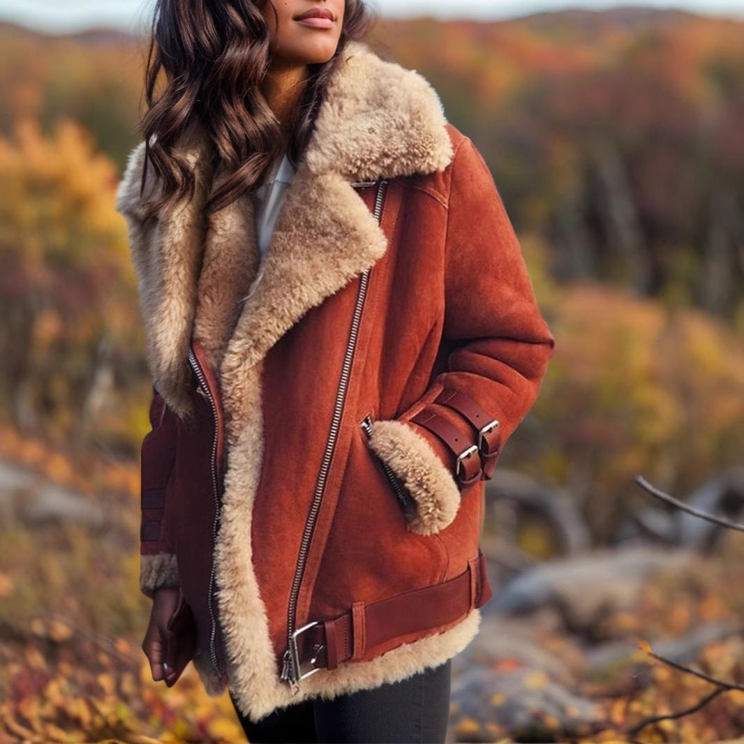 Faux Fur Collar Buckle Accent Coat