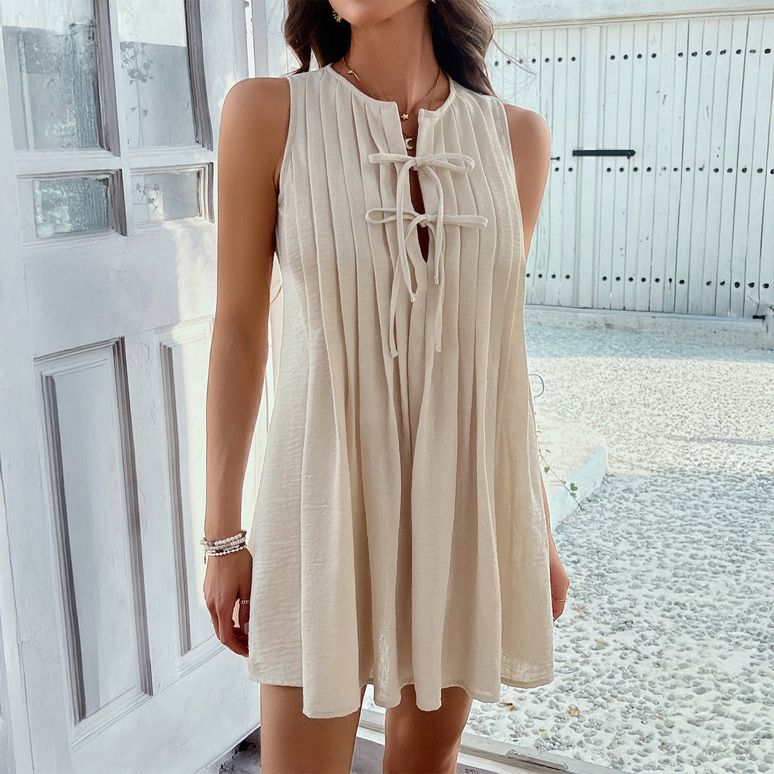 Relaxed Fit Pleated Tie-Neck Dress