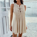 Women's Dress – Sleeveless – Relaxed Fit – Pleated Front – Tie Neck – Short Length