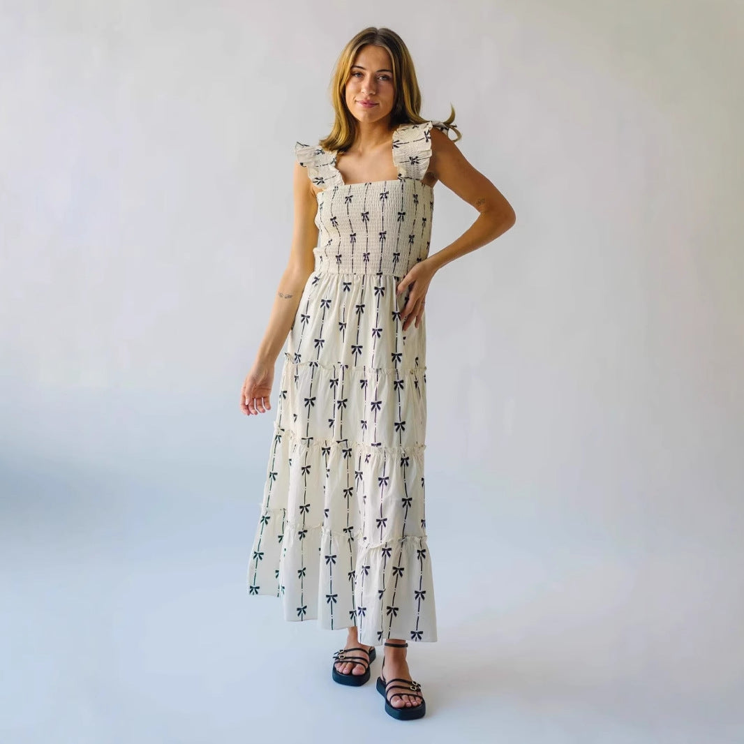Women's Maxi Dress – Smocking – Gathered Straps – Lightweight Cotton Fabric – Fitted Bodice