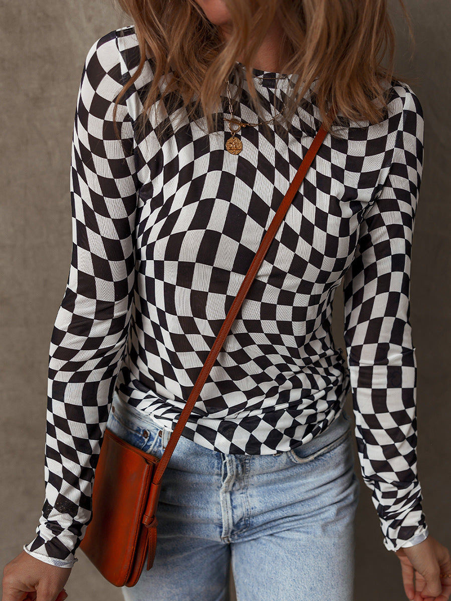 Stretch Plaid Wavy Slim Fit Top