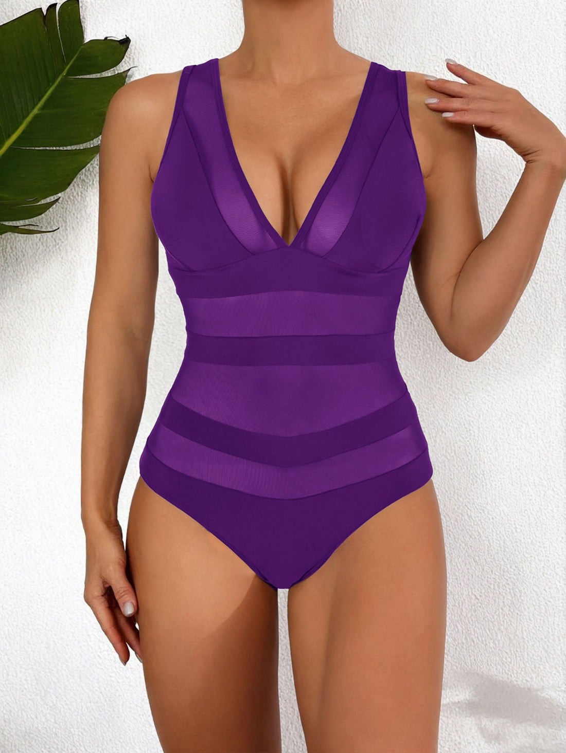 Deep V-Neck Mesh Panel One-Piece Swimsuit