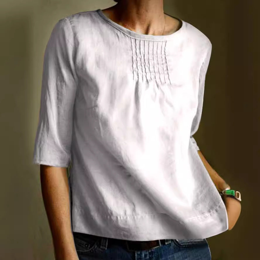 Cotton Linen Blend Loose Fit Pleated Blouse