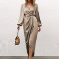 Dress for women – Long-sleeved – Satin look – V-neck – Slit – Ruched waist