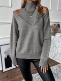 Women's Knit Sweater – Relaxed Fit – Off-Shoulder V-Neck – Ribbed Edges – Wool Blend