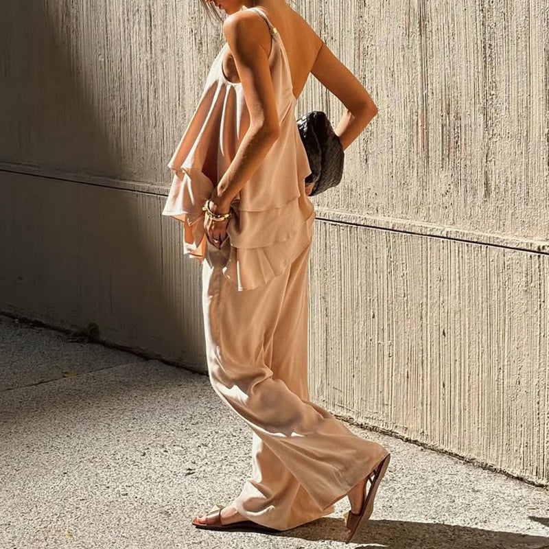 Women's Jumpsuit – Asymmetric Ruffle Top – Wide Legs – Light and Breathable Fit