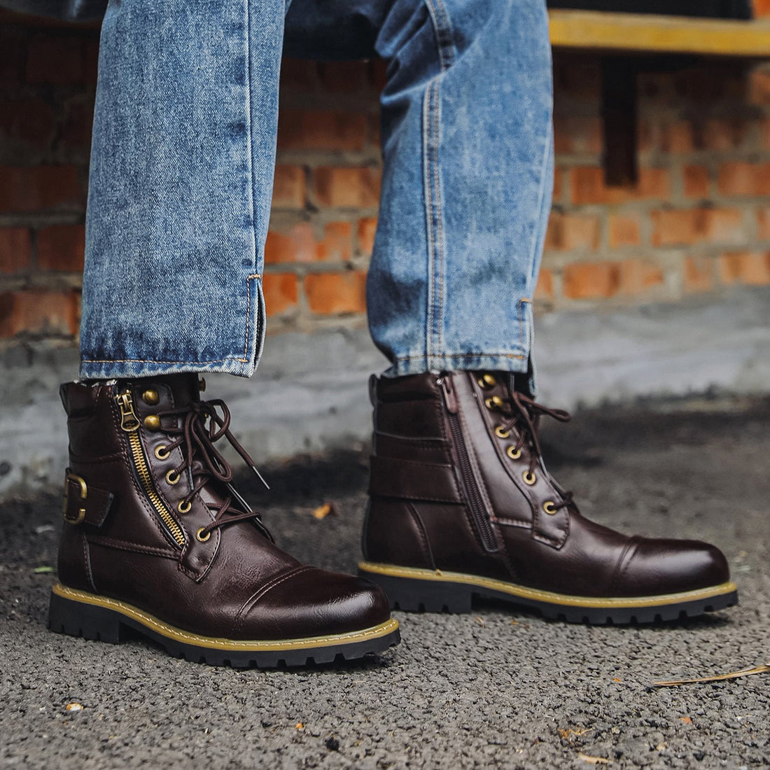 Leather Ankle Lace-Up Side Zipper Boots