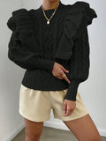 Women's Knit Sweater – Crop Fit – Cable Knit – Ruched Shoulder – Long Sleeves