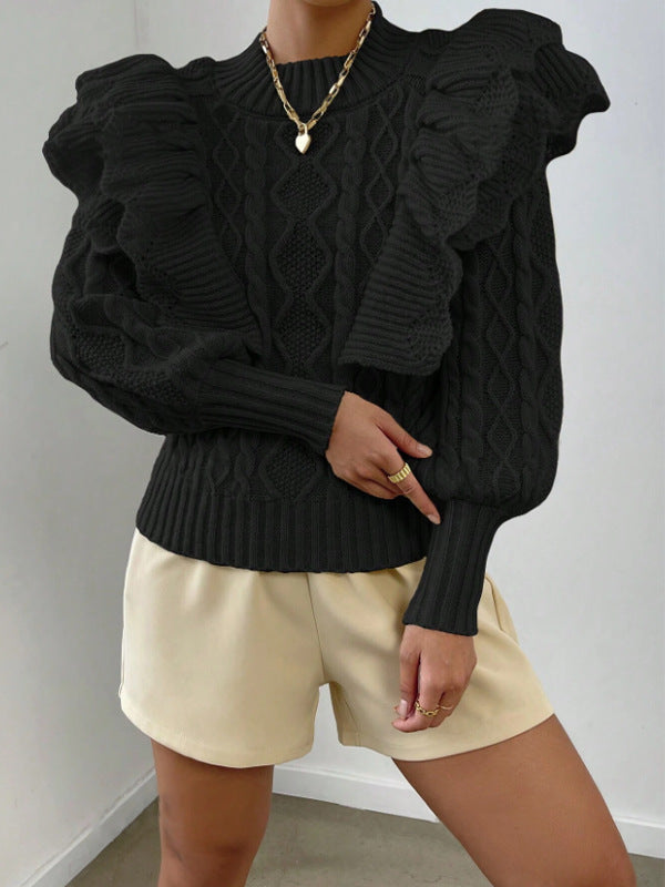 Women's Knit Sweater – Crop Fit – Cable Knit – Ruched Shoulder – Long Sleeves