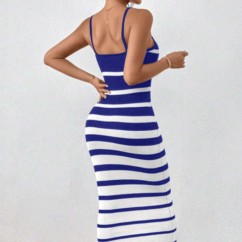 Striped Knit Spaghetti Strap Bodycon Dress