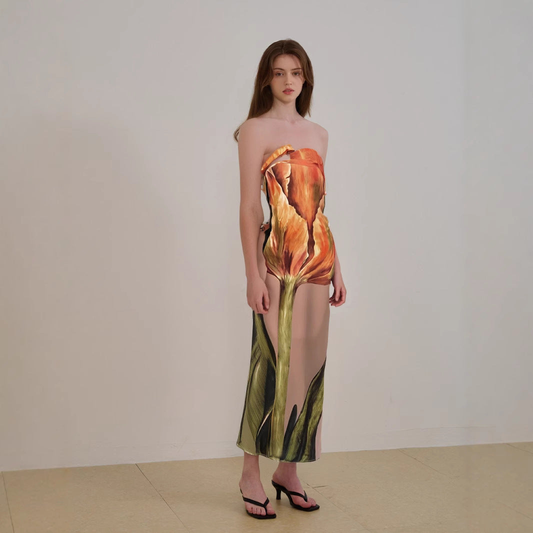 Women's Midi Dress – Strapless – Lightweight – Flowing Fit – Abstract Pattern