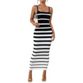 Women's Bodycon Dress – Slim Fit – Knit Fabric – Spaghetti Straps – Striped – Midi Length