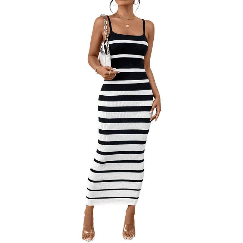 Women's Bodycon Dress – Slim Fit – Knit Fabric – Spaghetti Straps – Striped – Midi Length