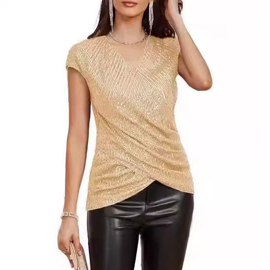 Dame Top – Slim Fit – V-Hals – Ærmeløs – Asymmetrisk Drapering – Pailletdesign