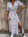 Women's Maxi Dress – V-Neck – Short Sleeve – Floral Print – Elastic Waist – Slit