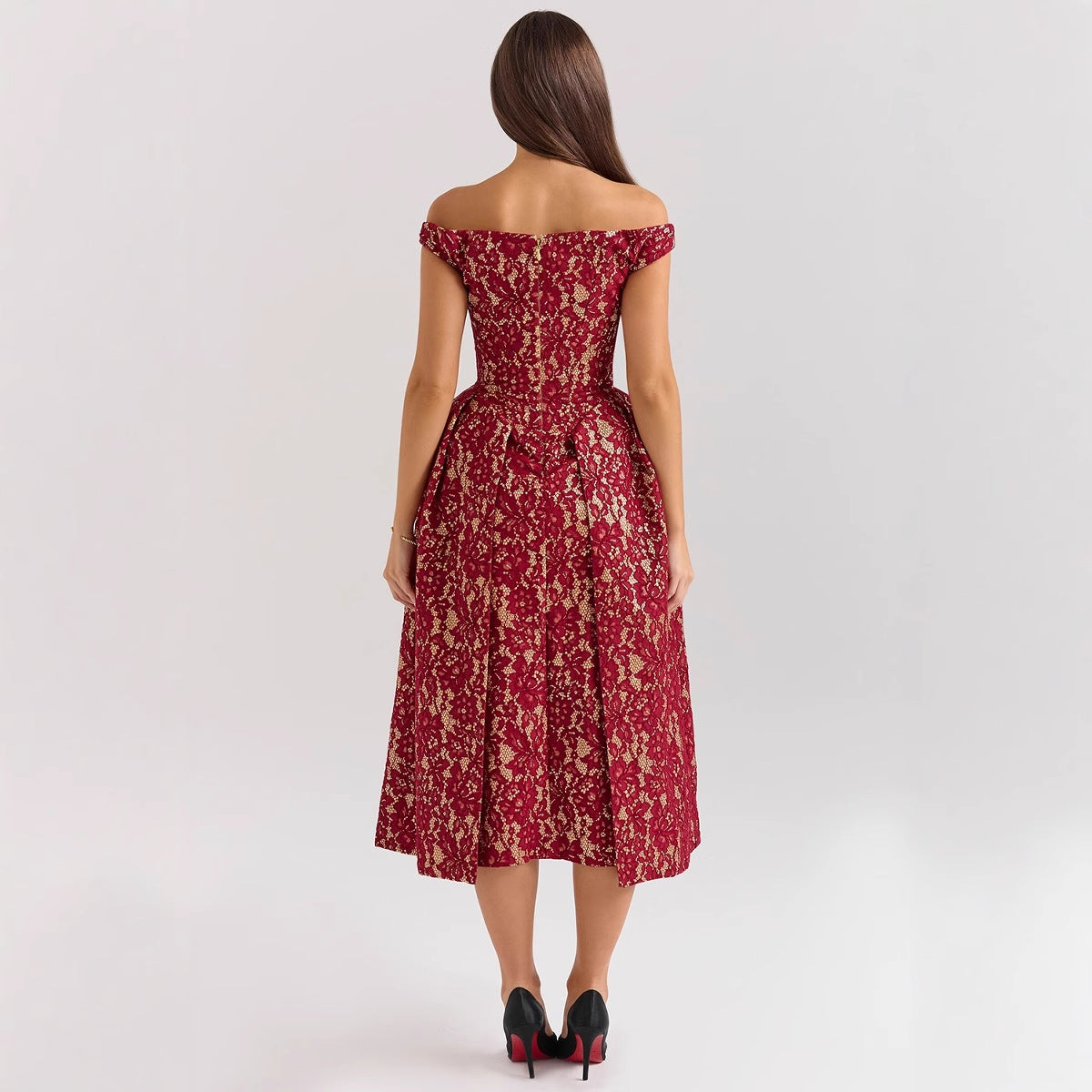Women's Dress – Off-Shoulder – Lace Surface – Fitted Waist – Open Back – Long Model