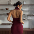 Dress for women – Ribbed knit – Slim fit – High neck – Backless – Sleeveless