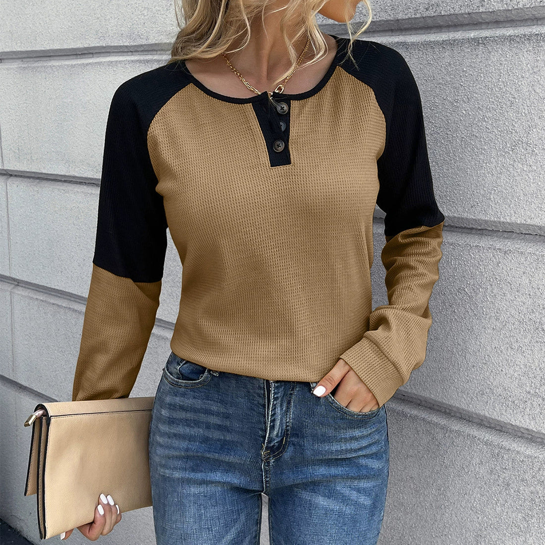 Waffle Knit Relaxed Fit Long Sleeve T-Shirt