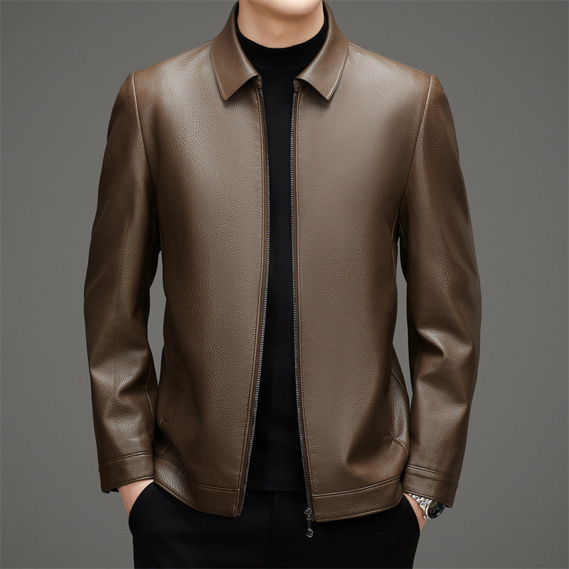 Point Collar Pebbled Texture Leather Jacket