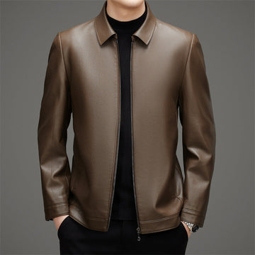 Point Collar Pebbled Texture Leather Jacket