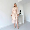 Women's Dress – Chiffon A-line – Layered Midi – Long Sleeves – High Neck Tie