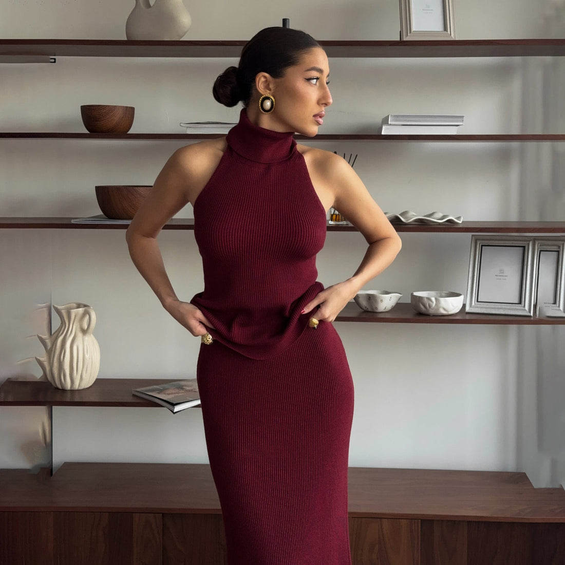High Neck Ribbed Knit Backless Dress