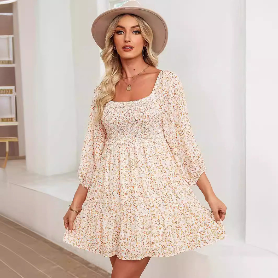 Lightweight Cotton Shirred Puff Sleeve A-line Dress