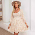 Women's Dress A-line – Lightweight Cotton – Shirred Bodice – Puff Sleeves – U-neck
