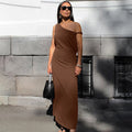 Women's Dress – Slim Fit – Cotton Linen Mix – Asymmetric One Shoulder – Ankle Length