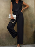Women's jumpsuit – sleeveless V-neck, adjustable waist, wide leg fit