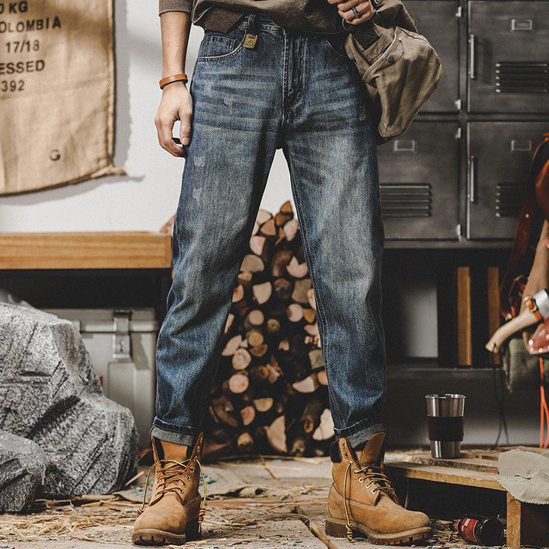 Stonewashed Distressed Relaxed Straight Leg Jeans