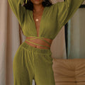 Women's Set with Crop Top and Pants – Ribbed – Relaxed Fit – Drawstring – Full Length