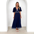 Women's Maxi Dress – V-neck – Puff Sleeves – Lace Trim – Fitted Waist – A-line Skirt