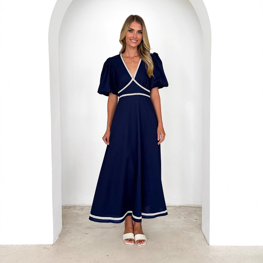 Women's Maxi Dress – V-neck – Puff Sleeves – Lace Trim – Fitted Waist – A-line Skirt