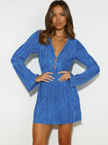Women's Mini Bodycon Dress – Deep V-Neckline – Cutouts – Long Sleeves – Pleated