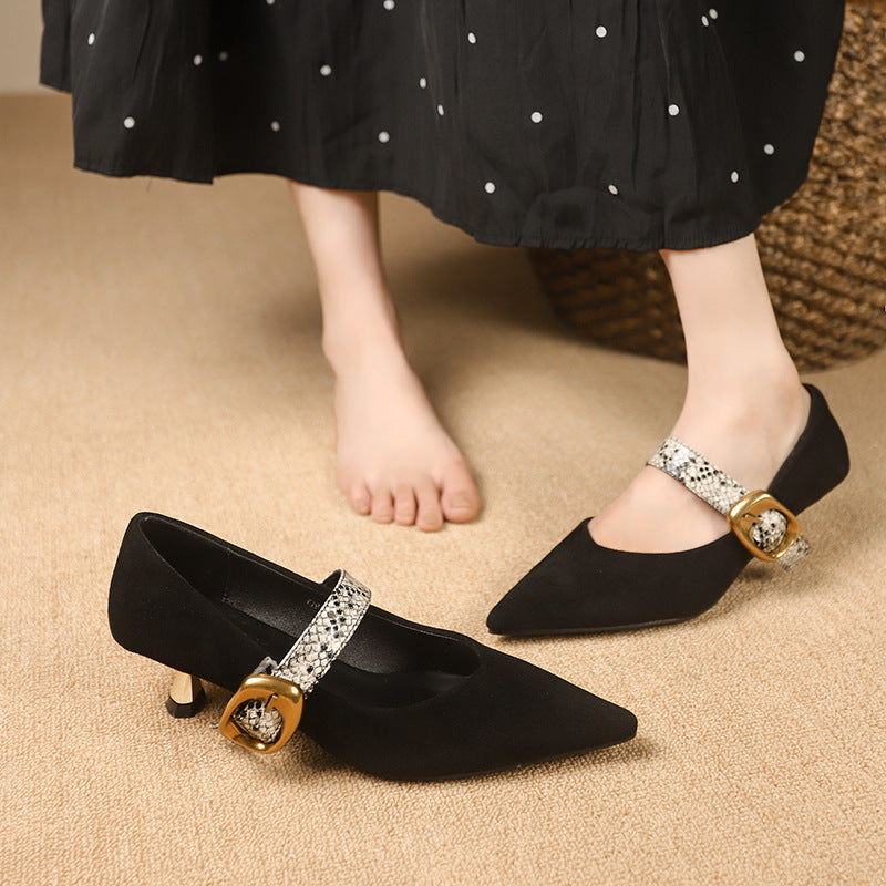 Suede Pointed Toe Mid Heel Mary Jane Shoes