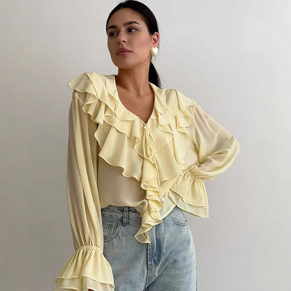 Women's Blouse – Lightly Transparent – Relaxed Fit – V-Neck with Ruffles – Long Sleeves