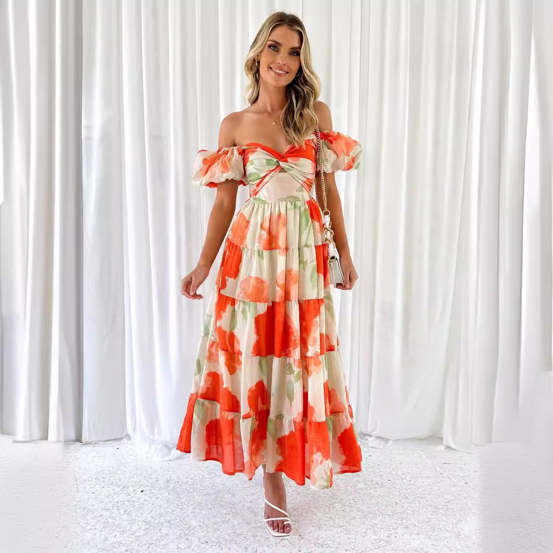 Dress for women – Maxi length – Loose fit – Puff sleeves – Cut-out waist – Layered skirt – Abstract print