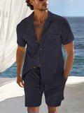 Men's Set with Shirt and Shorts – Relaxed Fit – Cuban Collar – Light Cotton Blend