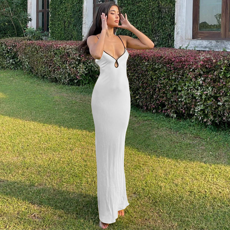 Women's Slip Dress – Elegant Satin Look – Slim Fit – Strap Sleeves – Keyhole Detail