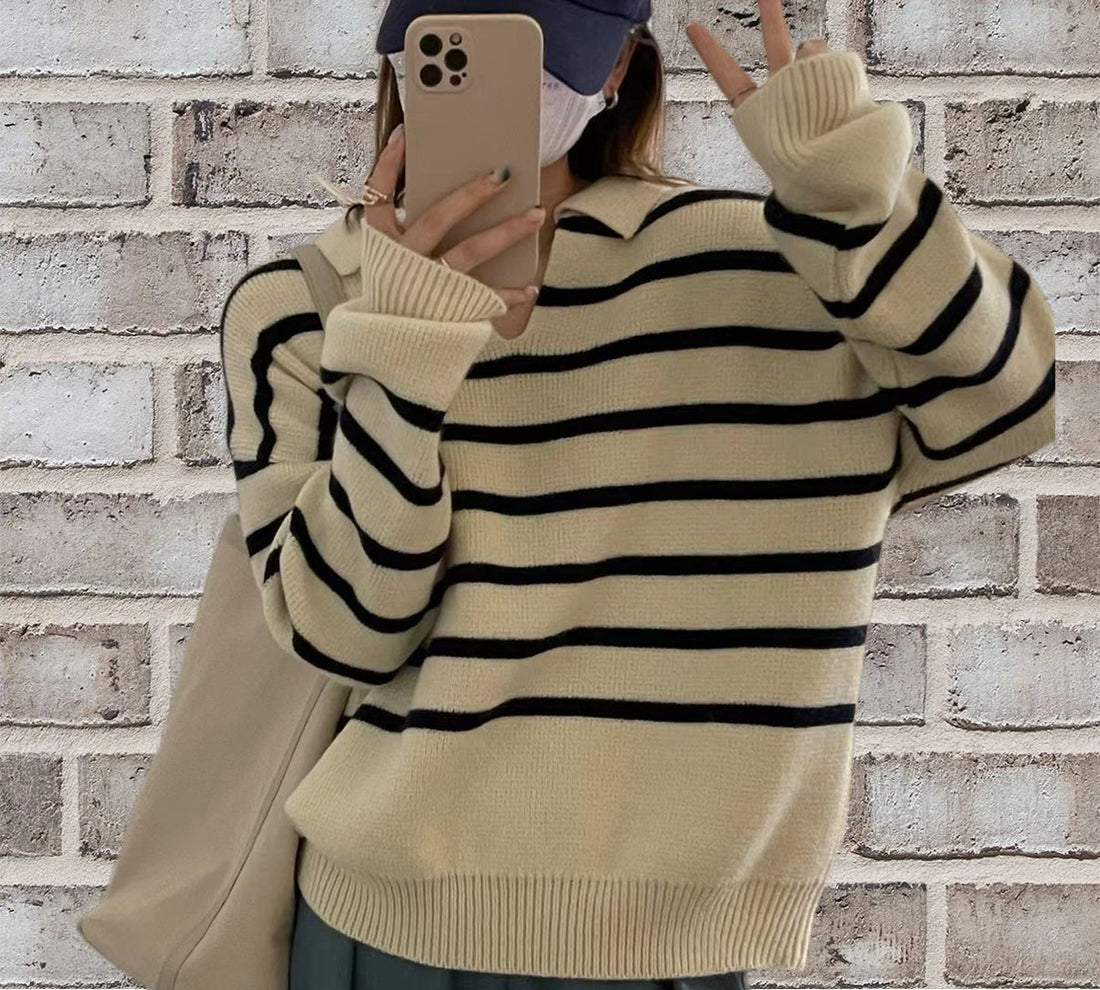 Wool Knit Striped Relaxed Pullover Sweater