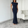 Dress for women – Evening dress – Bodycon fit – Off shoulder – Asymmetric neckline – Ruched details – Floor length