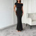 Dress for women – Evening dress – Bodycon fit – Off shoulder – Asymmetric neckline – Ruched details – Floor length