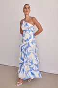 Women's maxi dress – asymmetrical shoulder – ruched top – layered A-line skirt