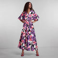 Dress for women – V-neckline – Floral pattern – Short wide sleeves – Slit – Midi length
