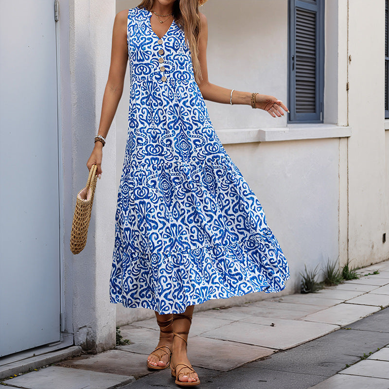 Women's Midi Dress – Sleeveless V-neck – Relaxed Fit – A-line with Abstract Print