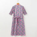 Dress for women – Midi – Floral pattern – High waist – Puff sleeves – Belt – Button closure