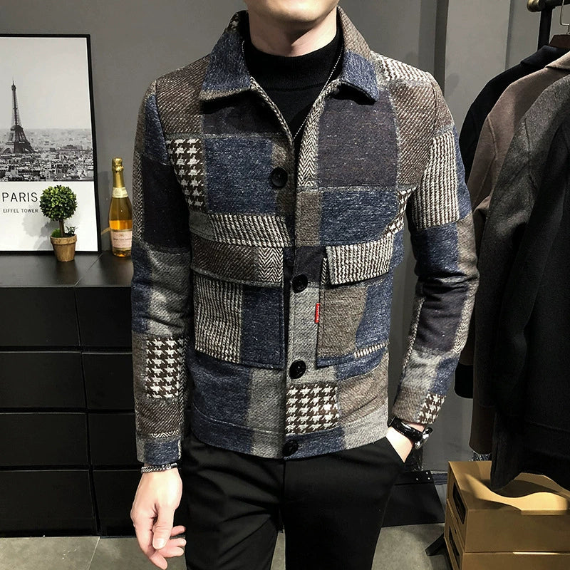 Plaid Patchwork Slim Fit Wool Jacket