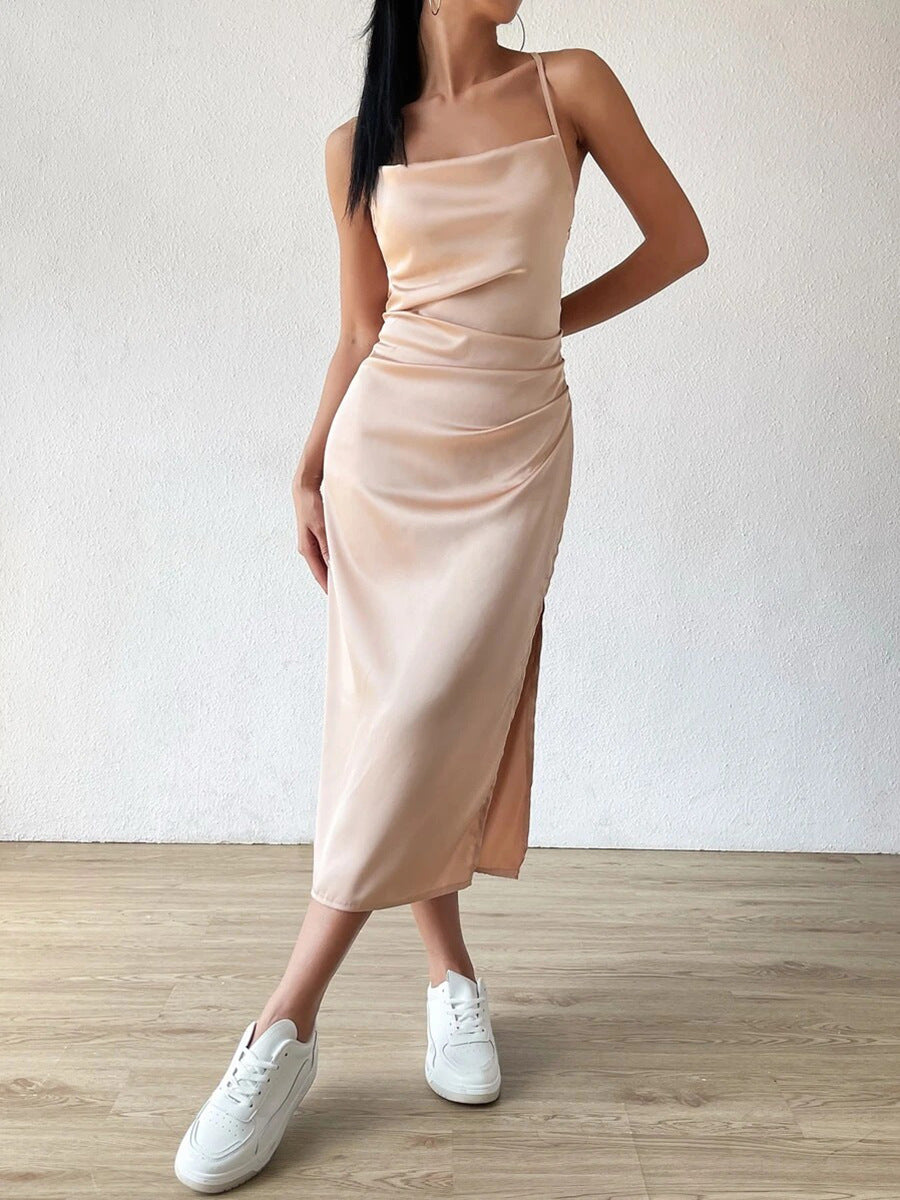 Women's Satin Slip Dress - Midi Length - Slit Detail - Elegant & Tailored