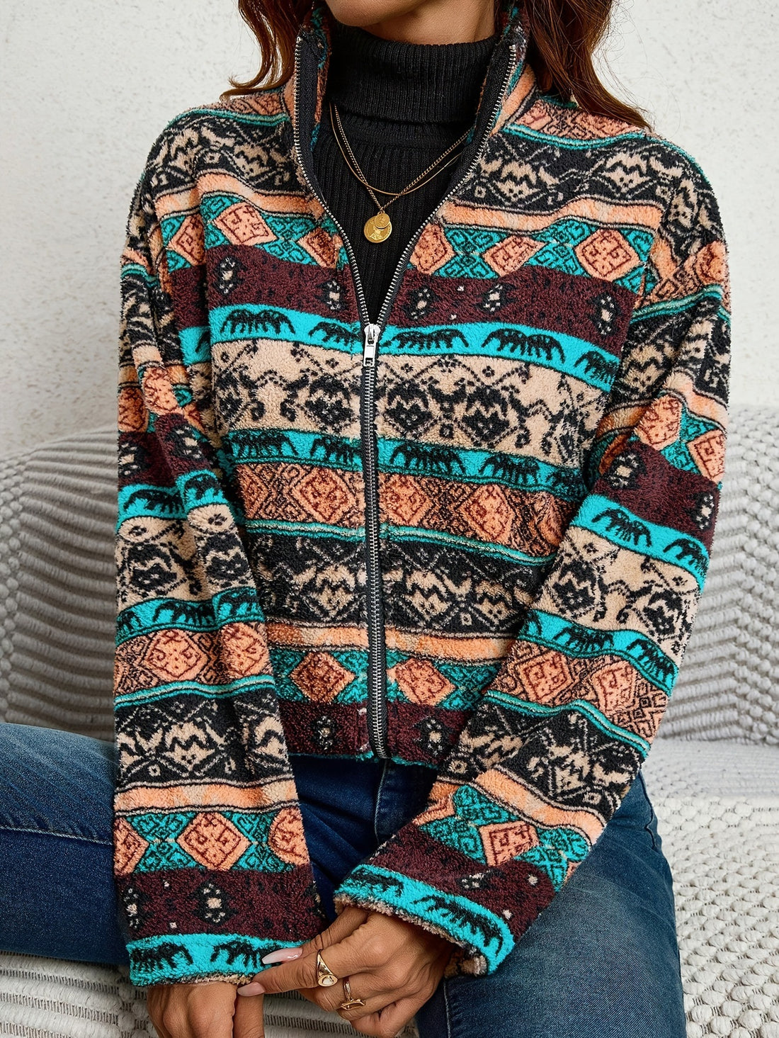 Tribal Pattern Plush Fleece Jacket